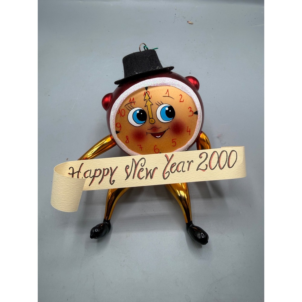 Christopher Radko Happy New Year 2000 y2k Clock Man Glass Ornament Red